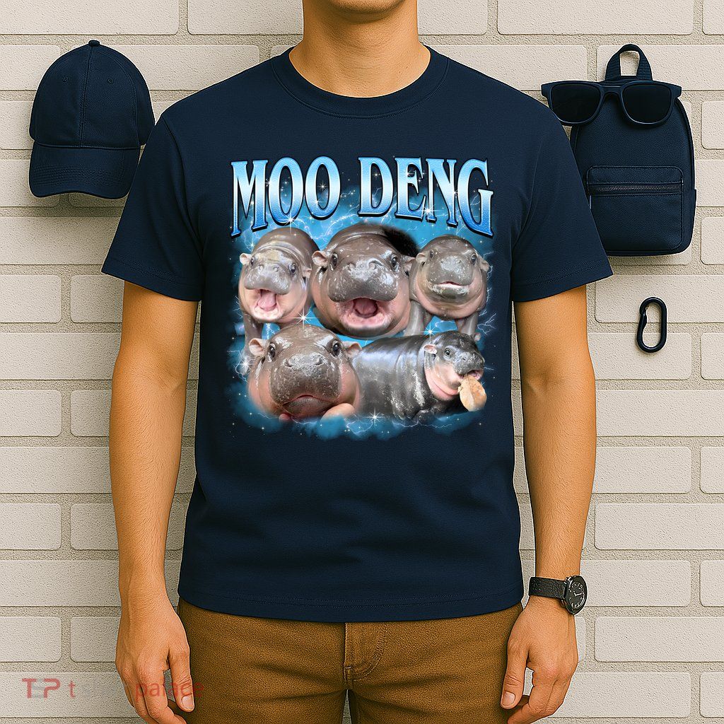 Blue Moo Deng Meme Hippo Funny T-Shirt