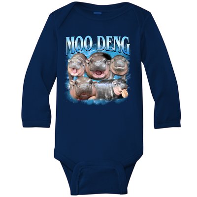 Blue Moo Deng Meme Hippo Funny Baby Long Sleeve Bodysuit