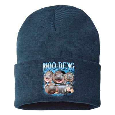 Blue Moo Deng Meme Hippo Funny Sustainable Knit Beanie