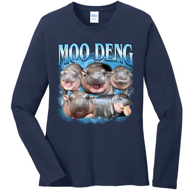 Blue Moo Deng Meme Hippo Funny Ladies Long Sleeve Shirt