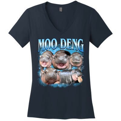 Blue Moo Deng Meme Hippo Funny Women's V-Neck T-Shirt
