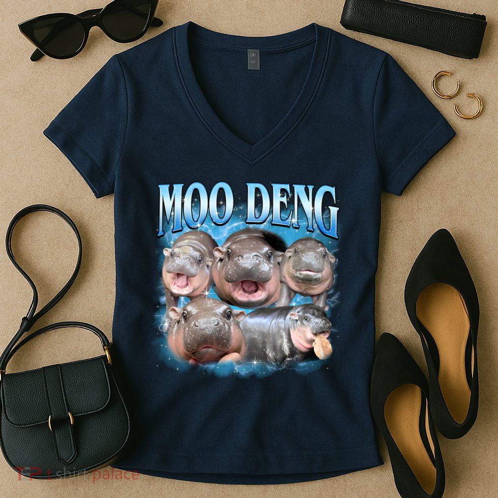 Blue Moo Deng Meme Hippo Funny Women's V-Neck T-Shirt