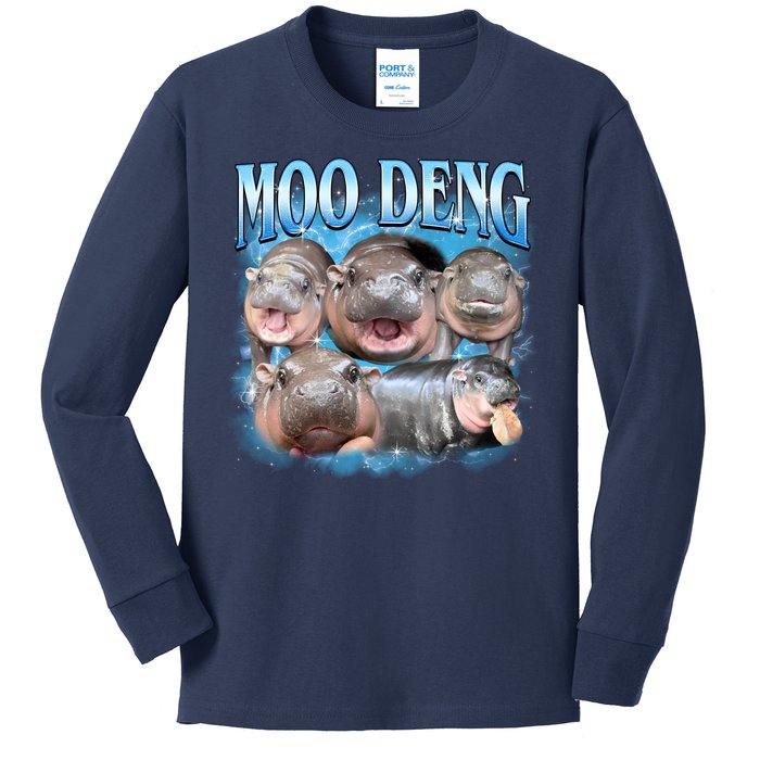 Blue Moo Deng Meme Hippo Funny Kids Long Sleeve Shirt