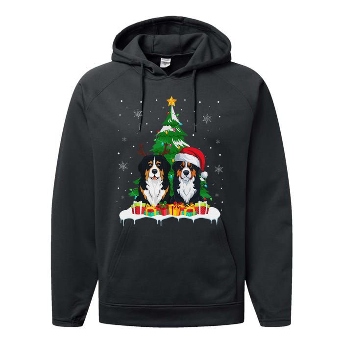 Bernese Mountain Dog Christmas Tree Lights Santa Reindeer Pj Performance Fleece Hoodie