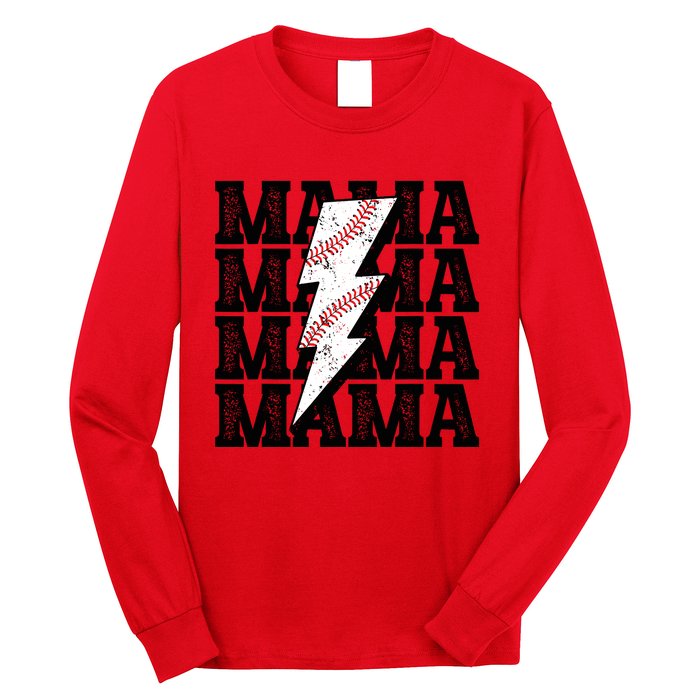 Baseball Mama Distressed Lightning Bolt Mom Long Sleeve Shirt