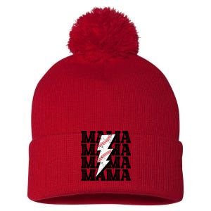 Baseball Mama Distressed Lightning Bolt Mom Pom Pom 12in Knit Beanie