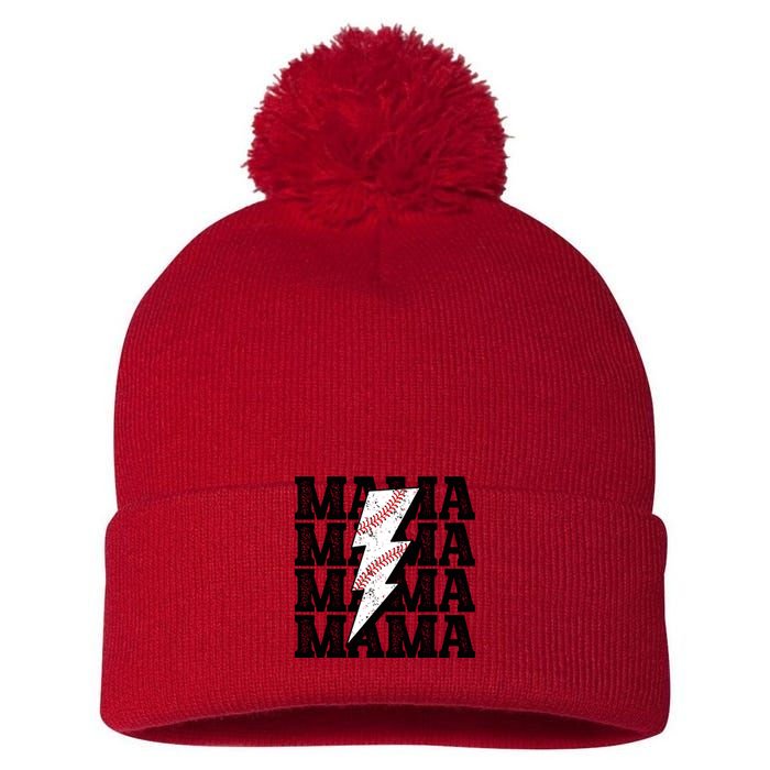 Baseball Mama Distressed Lightning Bolt Mom Pom Pom 12in Knit Beanie