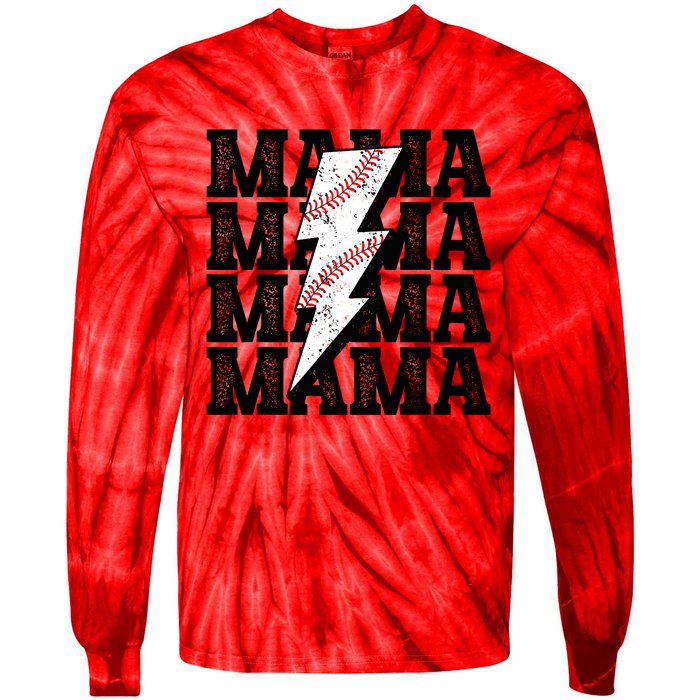 Baseball Mama Distressed Lightning Bolt Mom Tie-Dye Long Sleeve Shirt