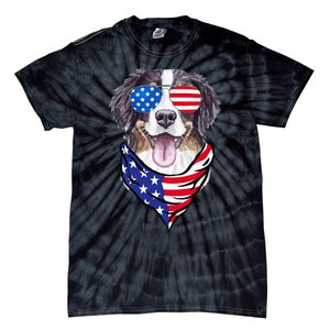 Bernese Mountain Dog American Flag Glasses 4th of July Tie-Dye T-Shirt