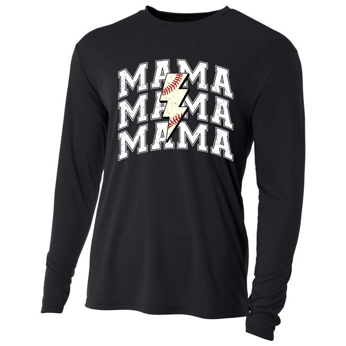 baseball Mama Distressed Lightning Bolt Mom Cooling Performance Long Sleeve Crew