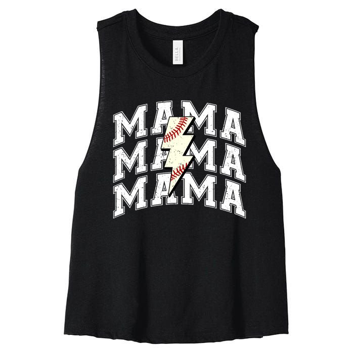 Baseball Mama Distressed Lightning Bolt Mom Women's Racerback Cropped Tank