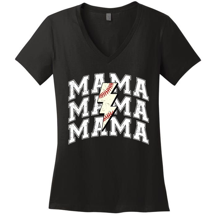 Baseball Mama Distressed Lightning Bolt Mom Women's V-Neck T-Shirt