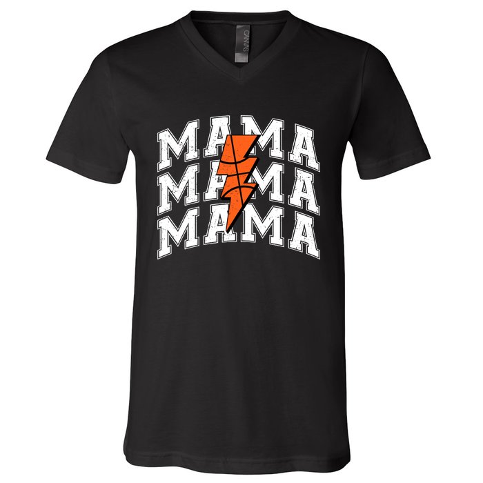 Basketball Mama Distressed Lightning Bolt Mom V-Neck T-Shirt