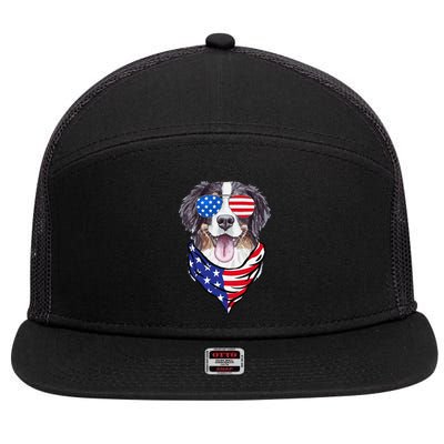 Bernese Mountain Dog American Flag Glasses 4th of July 7 Panel Mesh Trucker Snapback Hat