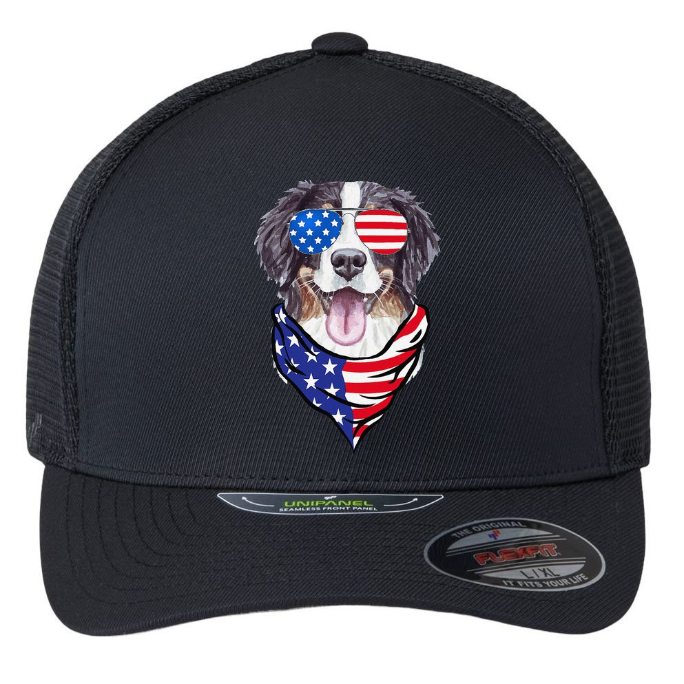 Bernese Mountain Dog American Flag Glasses 4th of July Flexfit Unipanel Trucker Cap