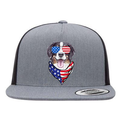 Bernese Mountain Dog American Flag Glasses 4th of July Flat Bill Trucker Hat