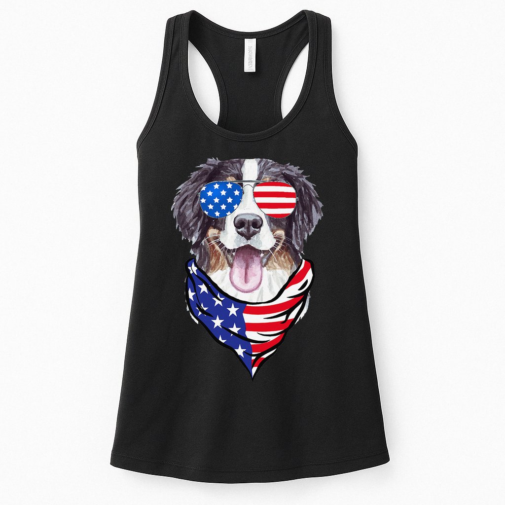 Bernese Mountain Dog American Flag Glasses 4th of July Womens Tank Top