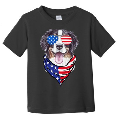 Bernese Mountain Dog American Flag Glasses 4th of July Toddler T-Shirt