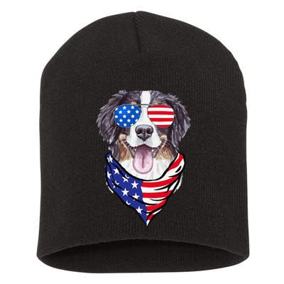 Bernese Mountain Dog American Flag Glasses 4th of July Short Acrylic Beanie