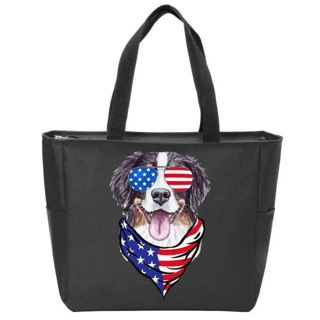 Bernese Mountain Dog American Flag Glasses 4th of July Zip Tote Bag