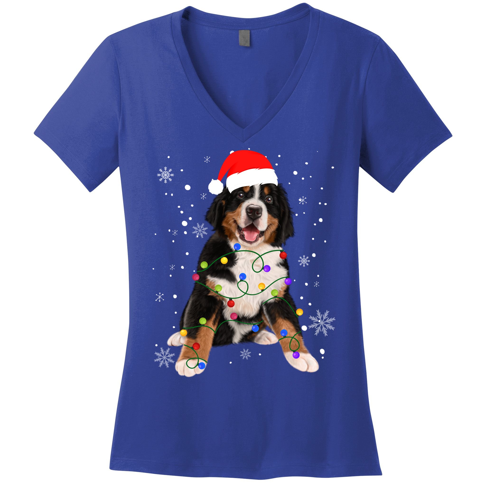 Bernese Mountain Dog Lights Christmas Matching Family Funny Gift Women's V-Neck T-Shirt
