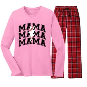 Baseball Mama Distressed Lightning Bolt Mom Women's Long Sleeve Flannel Pajama Set 