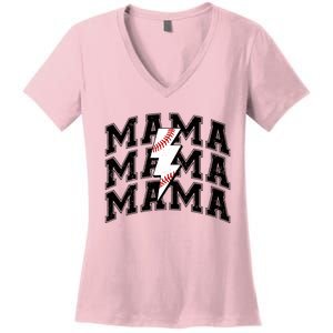 Baseball Mama Distressed Lightning Bolt Mom Women's V-Neck T-Shirt