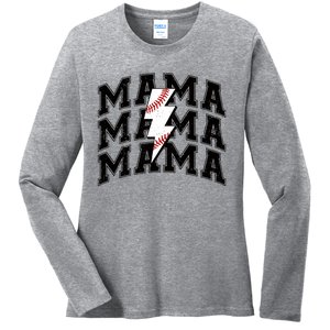 Baseball Mama Distressed Lightning Bolt Mom Ladies Long Sleeve Shirt