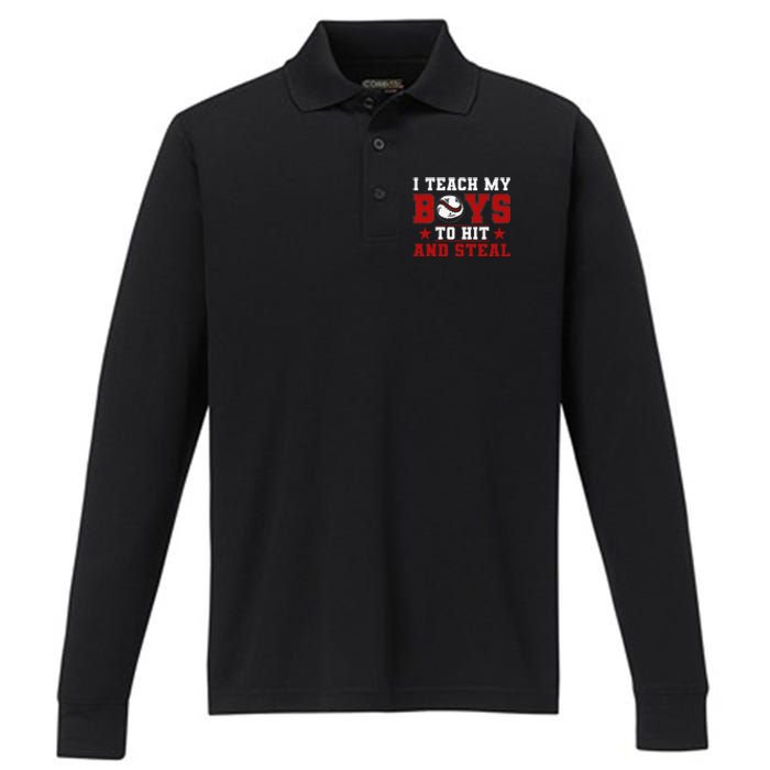 Baseball Mom Dad I Teach My To Hit And Steal Performance Long Sleeve Polo