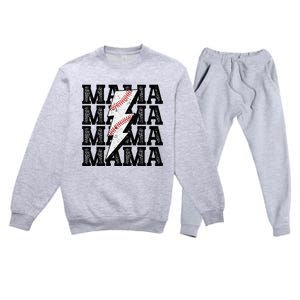 Baseball Mama Distressed Lightning Bolt Mom Premium Crewneck Sweatsuit Set