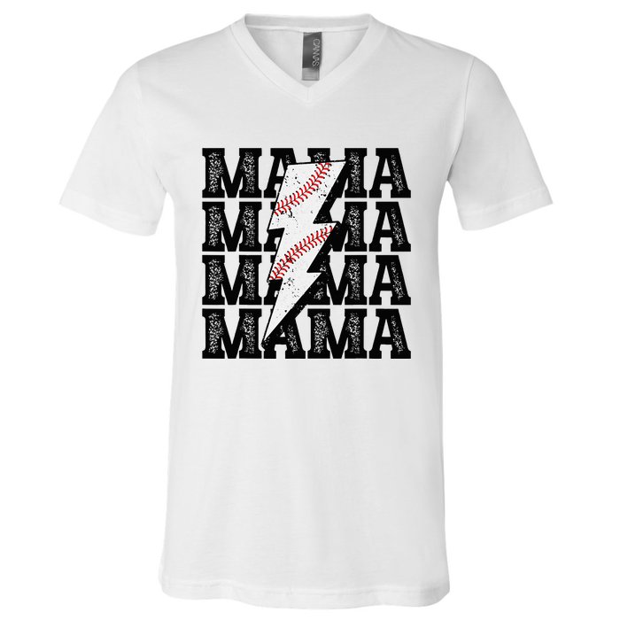 Baseball Mama Distressed Lightning Bolt Mom V-Neck T-Shirt