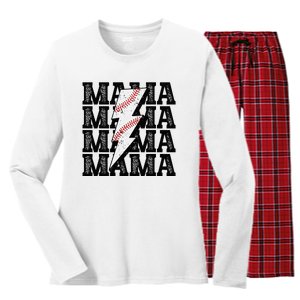 Baseball Mama Distressed Lightning Bolt Mom Women's Long Sleeve Flannel Pajama Set 