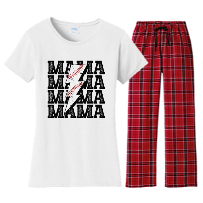 Baseball Mama Distressed Lightning Bolt Mom Women's Flannel Pajama Set