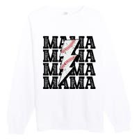 Baseball Mama Distressed Lightning Bolt Mom Premium Crewneck Sweatshirt