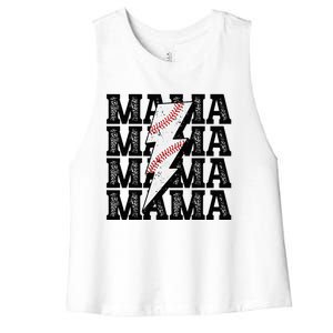 Baseball Mama Distressed Lightning Bolt Mom Women's Racerback Cropped Tank