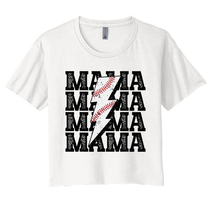 Baseball Mama Distressed Lightning Bolt Mom Women's Crop Top Tee