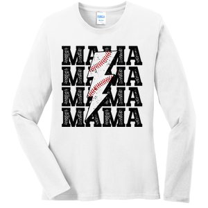 Baseball Mama Distressed Lightning Bolt Mom Ladies Long Sleeve Shirt