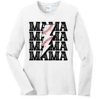 Baseball Mama Distressed Lightning Bolt Mom Ladies Long Sleeve Shirt