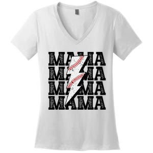 Baseball Mama Distressed Lightning Bolt Mom Women's V-Neck T-Shirt