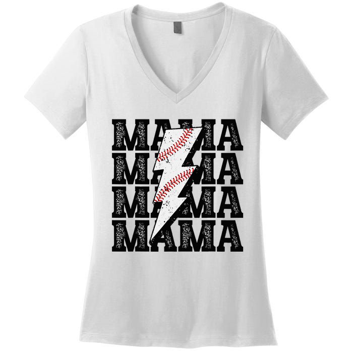 Baseball Mama Distressed Lightning Bolt Mom Women's V-Neck T-Shirt