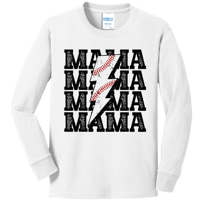 Baseball Mama Distressed Lightning Bolt Mom Kids Long Sleeve Shirt