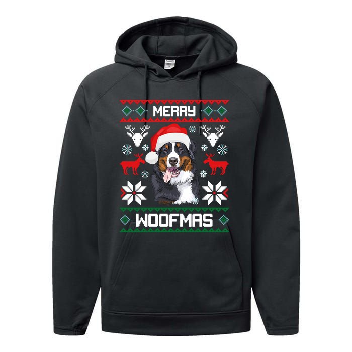 Bernese Mountain Dog Gift For Merry Christmas Woofmas Berner Performance Fleece Hoodie