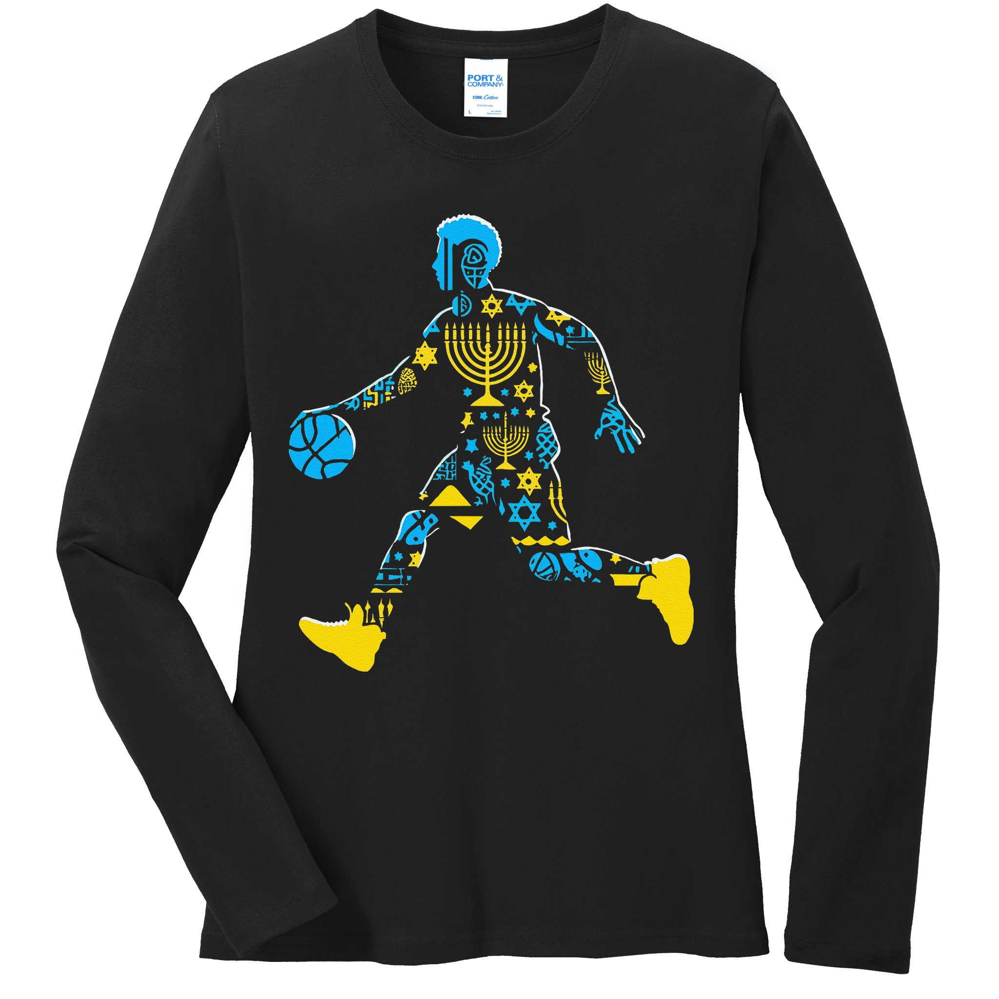 Basketball Menorah Dreidel Jewish Hanukkah Ladies Long Sleeve Shirt