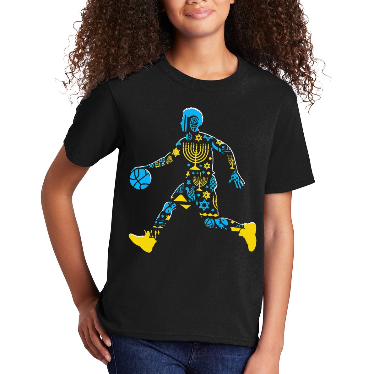 Basketball Menorah Dreidel Jewish Hanukkah Kids T-Shirt