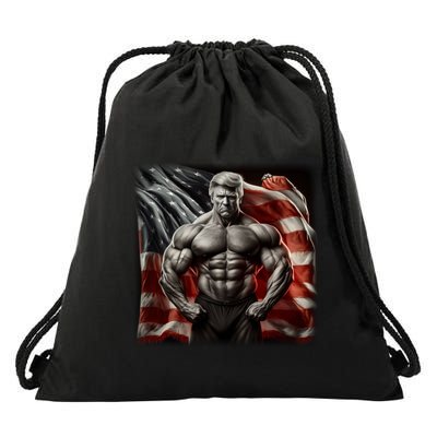 Buff Muscle Donald Trump American Flag Illustration Proud Funny Gift Drawstring Bag