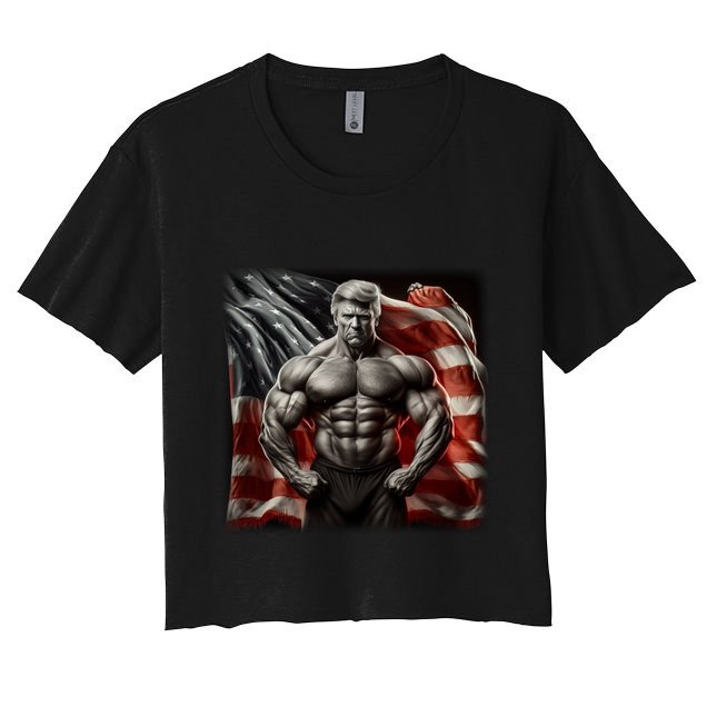 Buff Muscle Donald Trump American Flag Illustration Proud Funny Gift Crop Top
