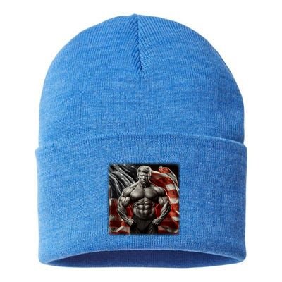 Buff Muscle Donald Trump American Flag Illustration Proud Funny Gift Sustainable Knit Beanie