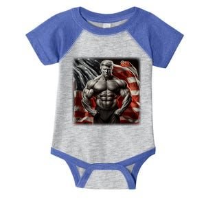 Buff Muscle Donald Trump American Flag Illustration Proud Funny Gift Infant Baby Jersey Bodysuit