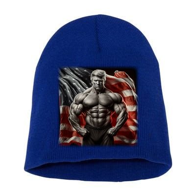 Buff Muscle Donald Trump American Flag Illustration Proud Funny Gift Short Acrylic Beanie