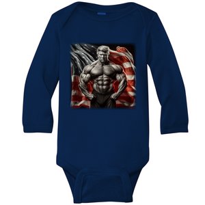 Buff Muscle Donald Trump American Flag Illustration Proud Funny Gift Baby Long Sleeve Bodysuit